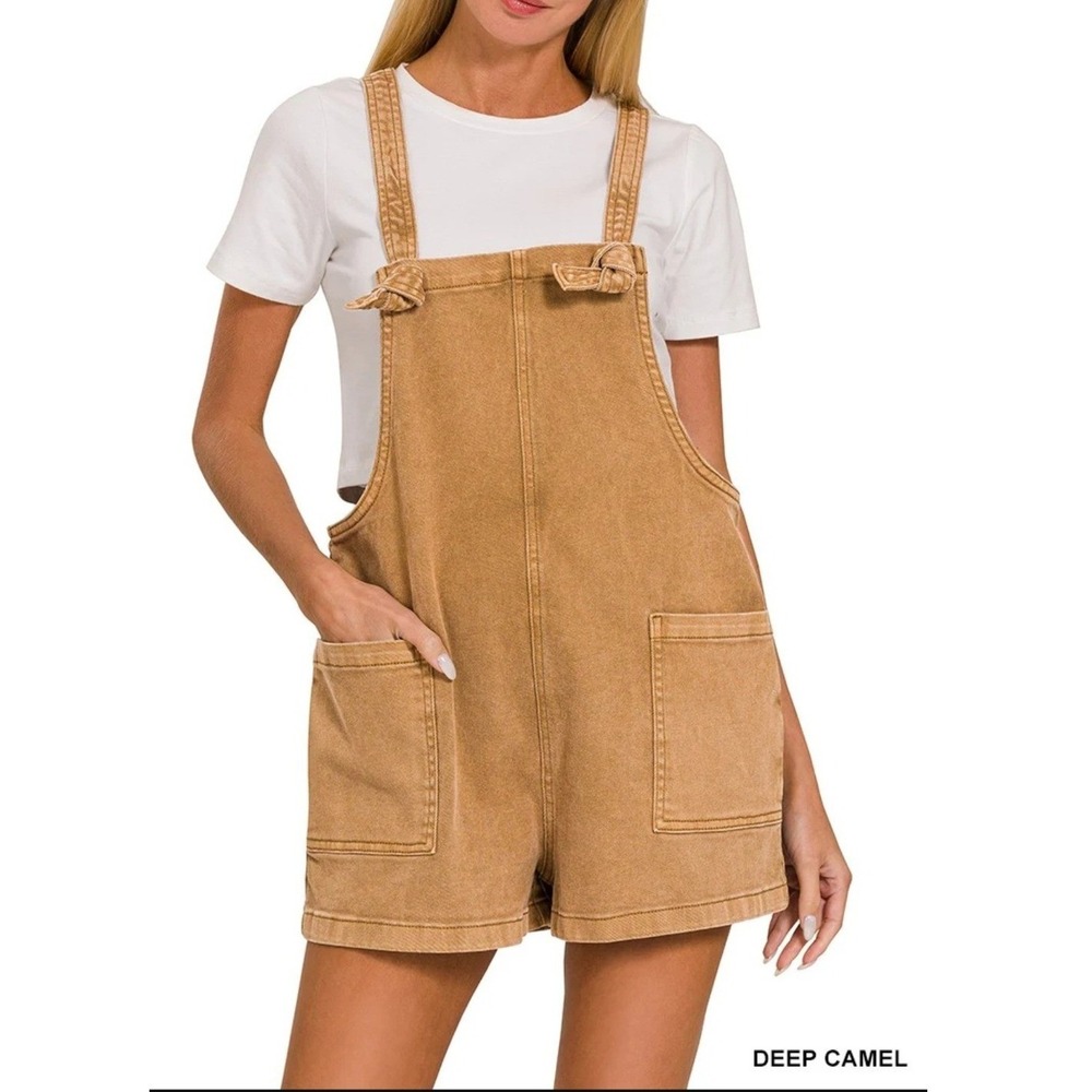 Zenana washed knot tie romper Deep Camel Large